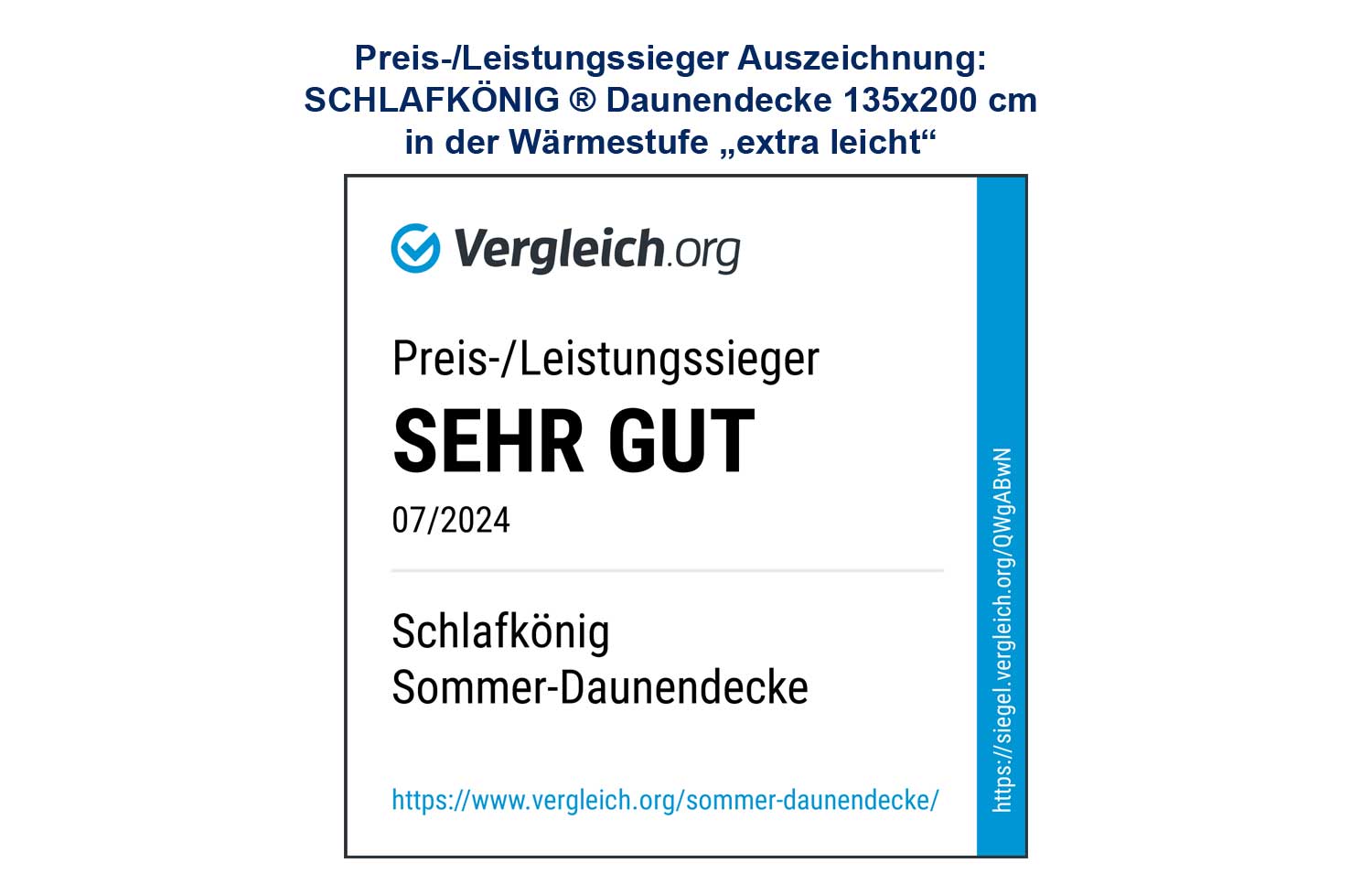 Daunendecke extra-leicht von SCHLAFKÖNIG ist Preis-Leistungssieger von Vergleich.org 