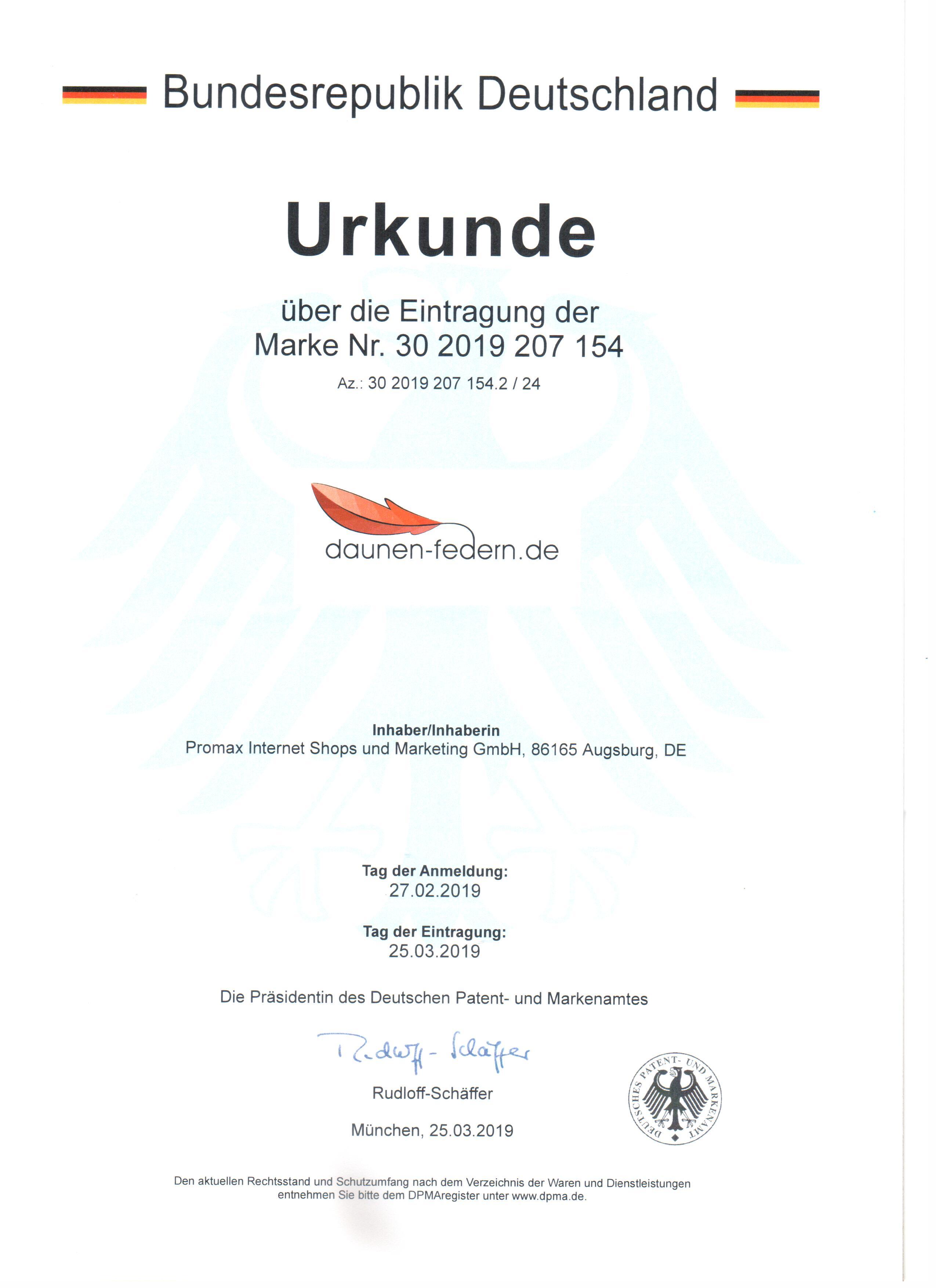 Urkunde Deutsches Patent- und Markenamt über die Eintragung der Marke daunen-federn.de beim Deutsches Patent- und Markenamt