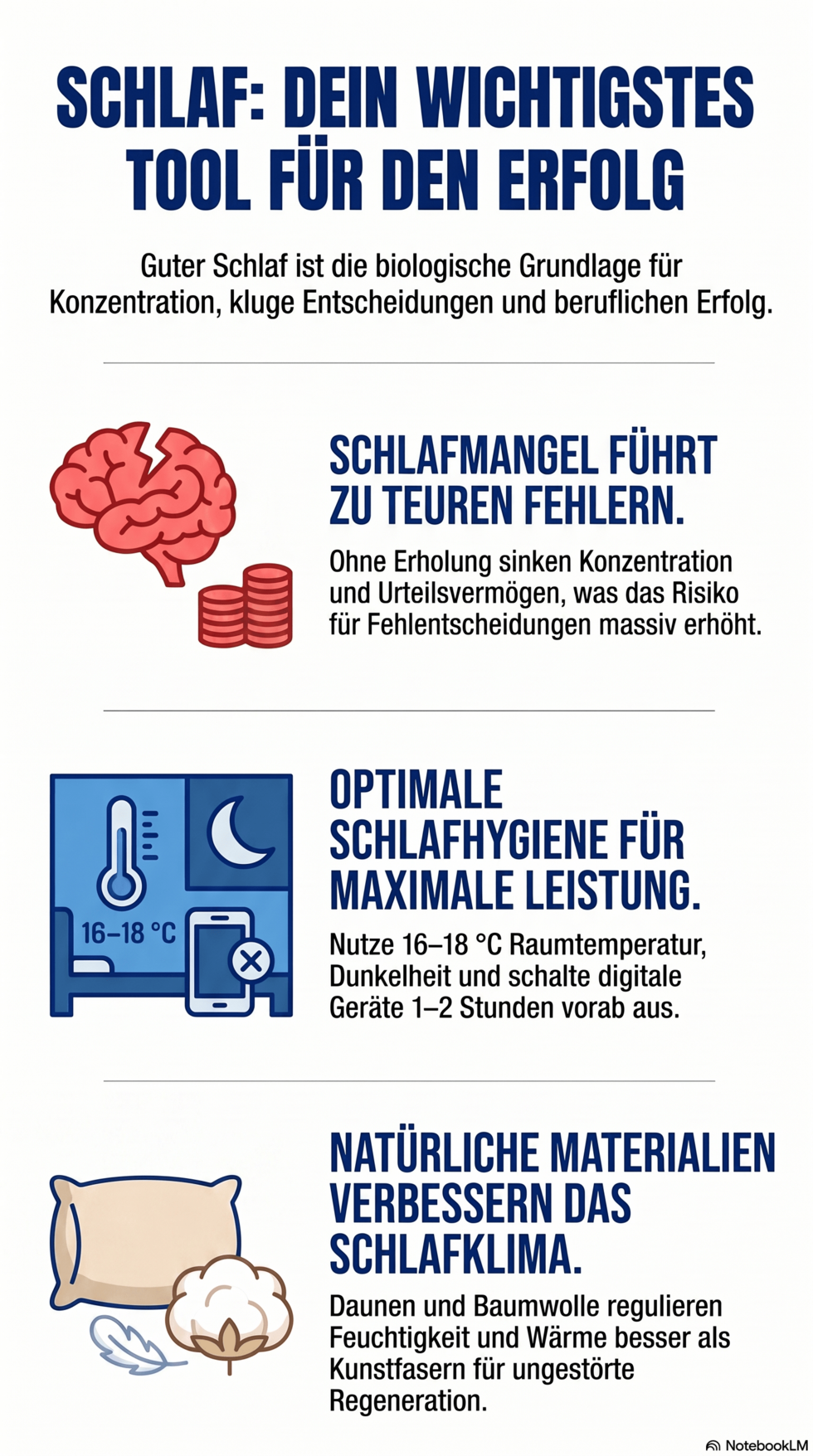 Infografik über die Bedeutung von Schlaf für Konzentration, Entscheidungen und Leistung. Sie zeigt Folgen von Schlafmangel, Tipps zur Schlafhygiene sowie die Vorteile natürlicher Materialien wie Daunen und Baumwolle für ein gutes Schlafklima.