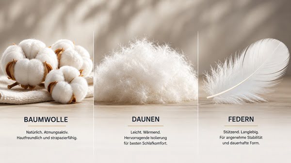 Vergleich von Baumwolle, Daunen und Federn mit ihren wichtigsten Eigenschaften für Bettwaren: Baumwolle ist atmungsaktiv, Daunen wärmeisolierend und Federn stützend sowie formstabil.