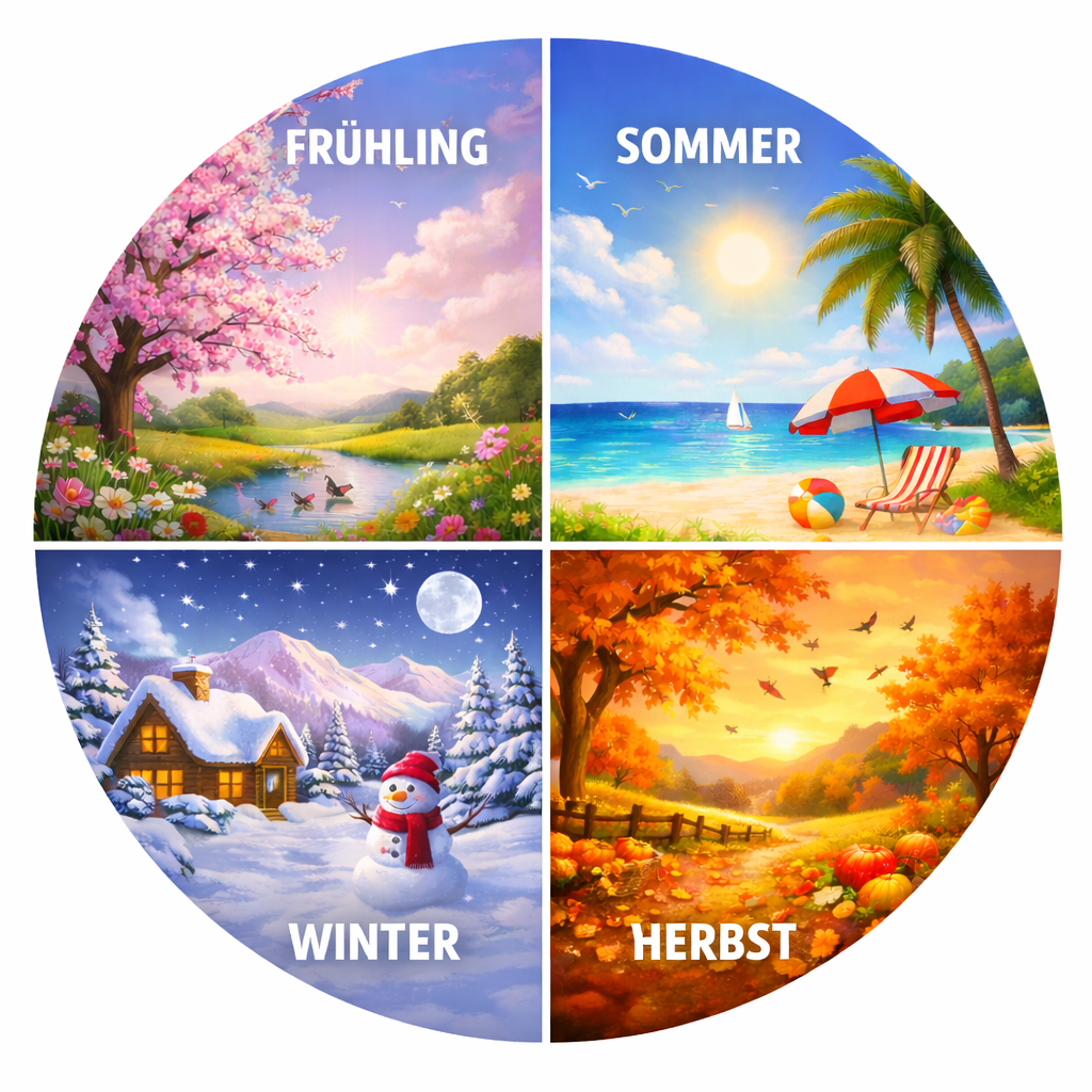 Jahreskreis mit den Jahreszeiten Frühling Sommer Herbst Winter beginnend link oben im Uhrzeigerkreis