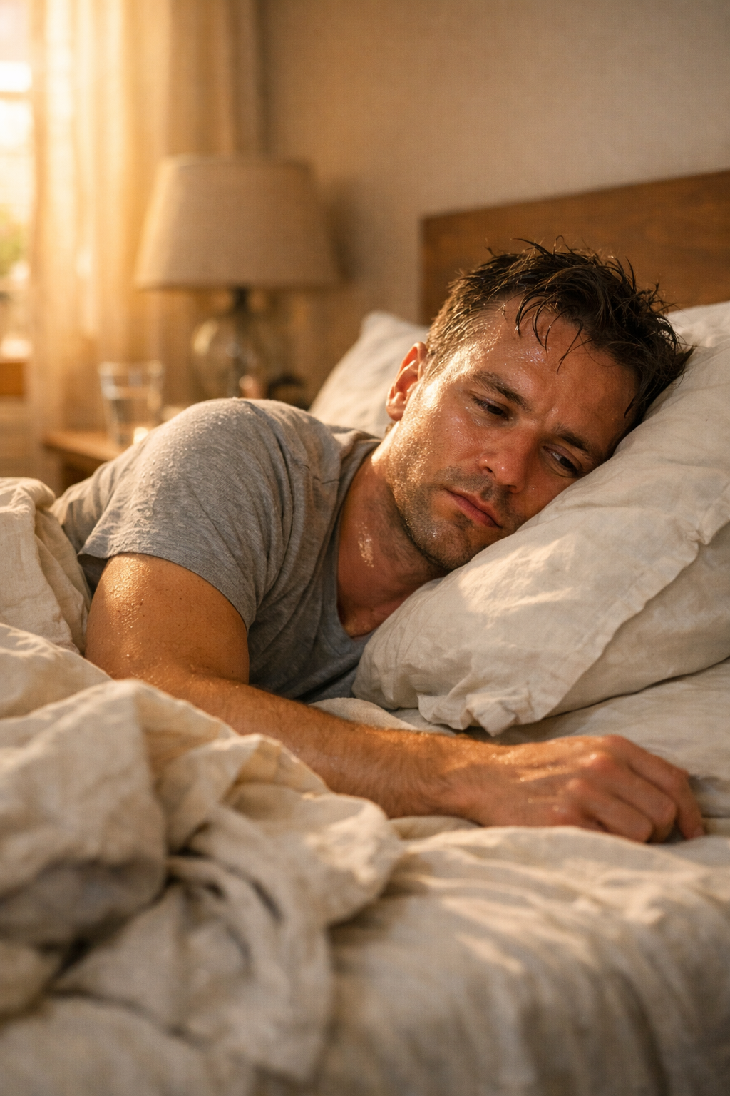 Man liegt verschwitzt im Bett und fühlt sich nicht wohl