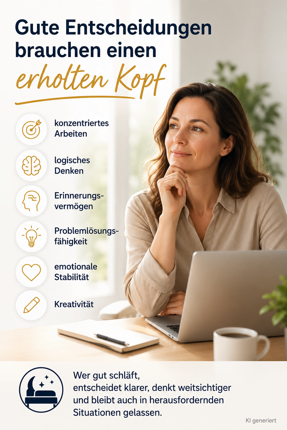Infografik mit einer nachdenklichen Frau am Laptop. Sie zeigt, dass guter Schlaf Konzentration, logisches Denken, Erinnerungsvermögen, Problemlösungsfähigkeit, emotionale Stabilität und Kreativität unterstützt.