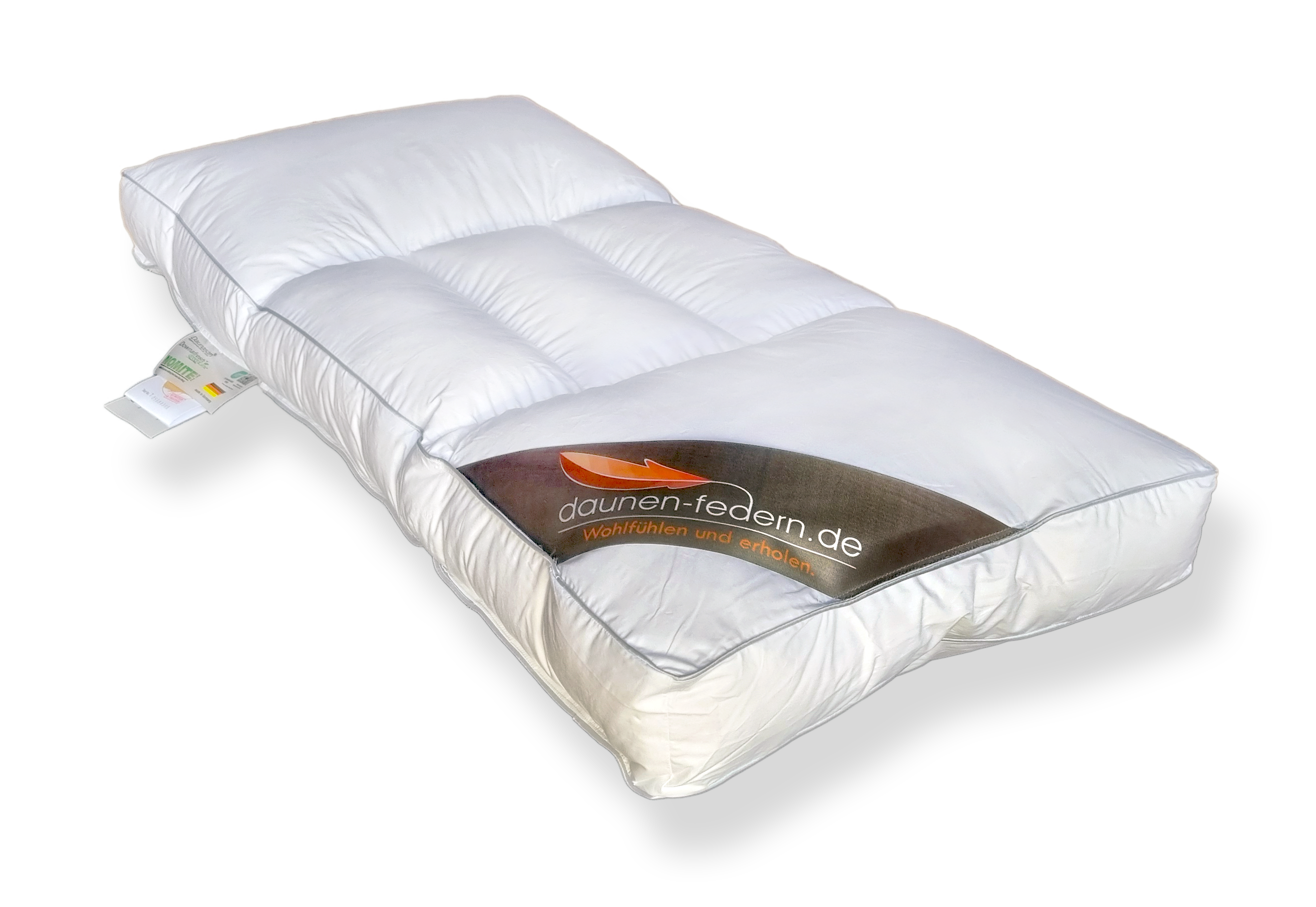 Innovatives 5-Kammern-Nackenstützkissen aus 100% Daunen und Federn; sichtbare Stützzonen zur möglichen HWS-Entlastung für Rücken- und Seitenschläfer.