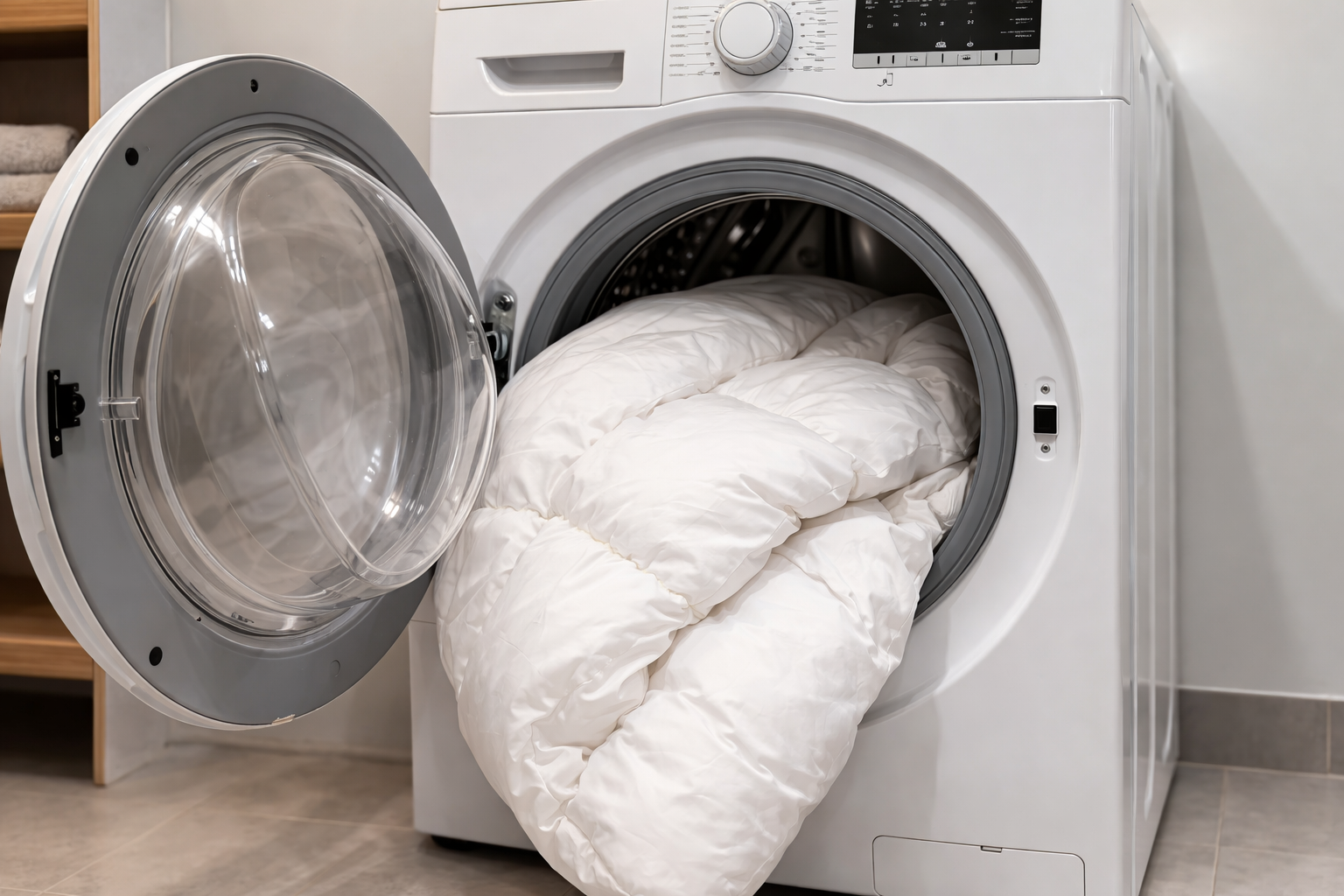 Aus einer geöffneten Waschmaschine schaut eine Daunendecke heraus