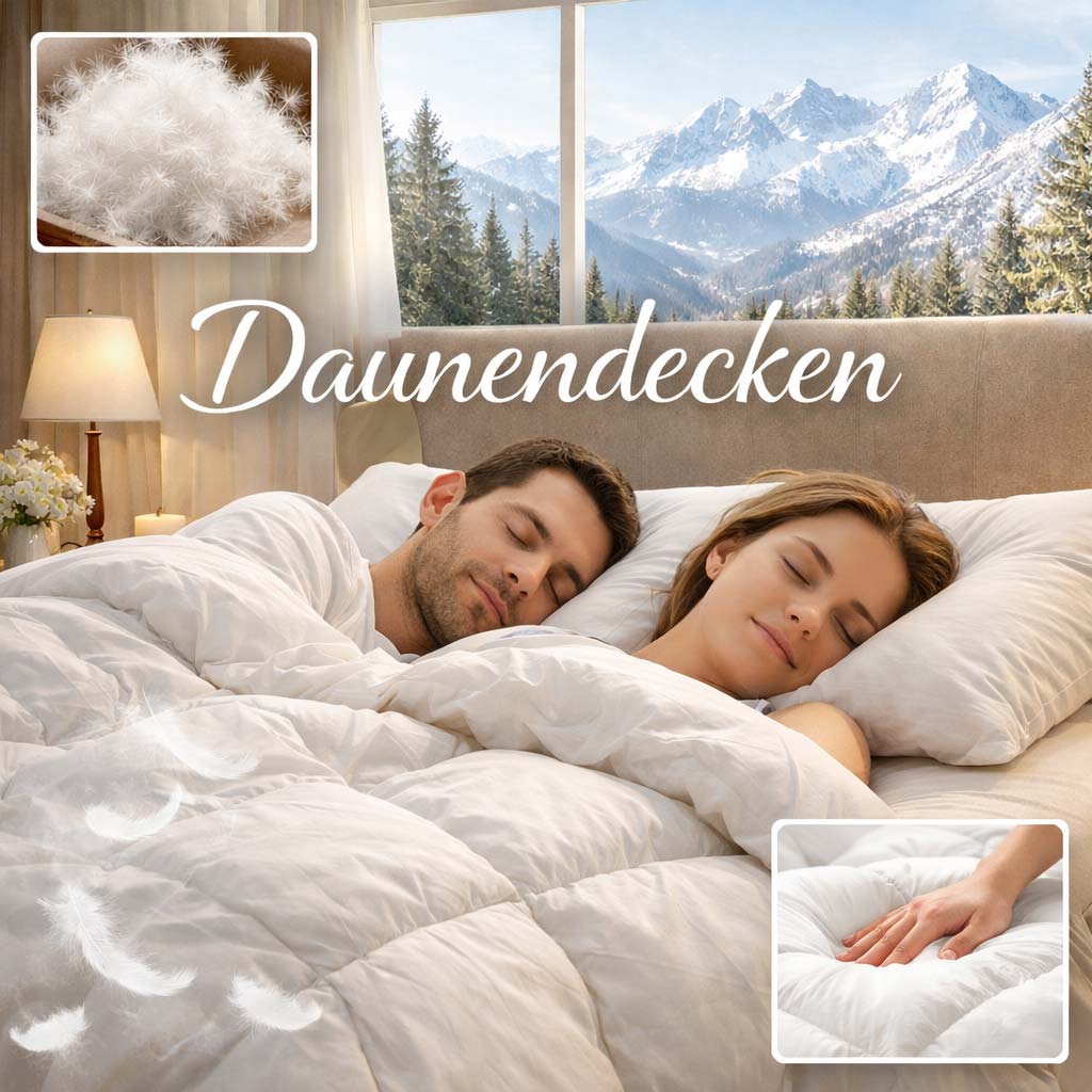 Paar schläft entspannt unter Daunendecken mit Blick auf Berge im Hintergrund