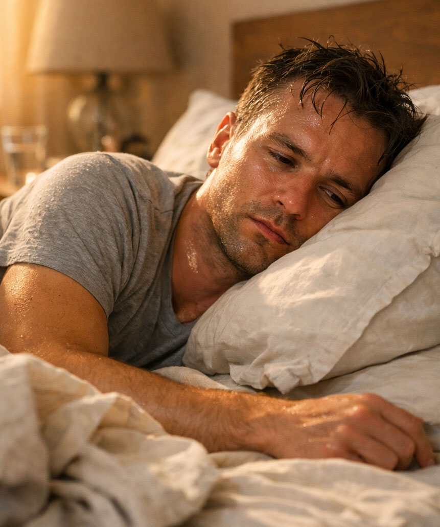Man liegt verschwitzt im Bett und fühlt sich nicht wohl