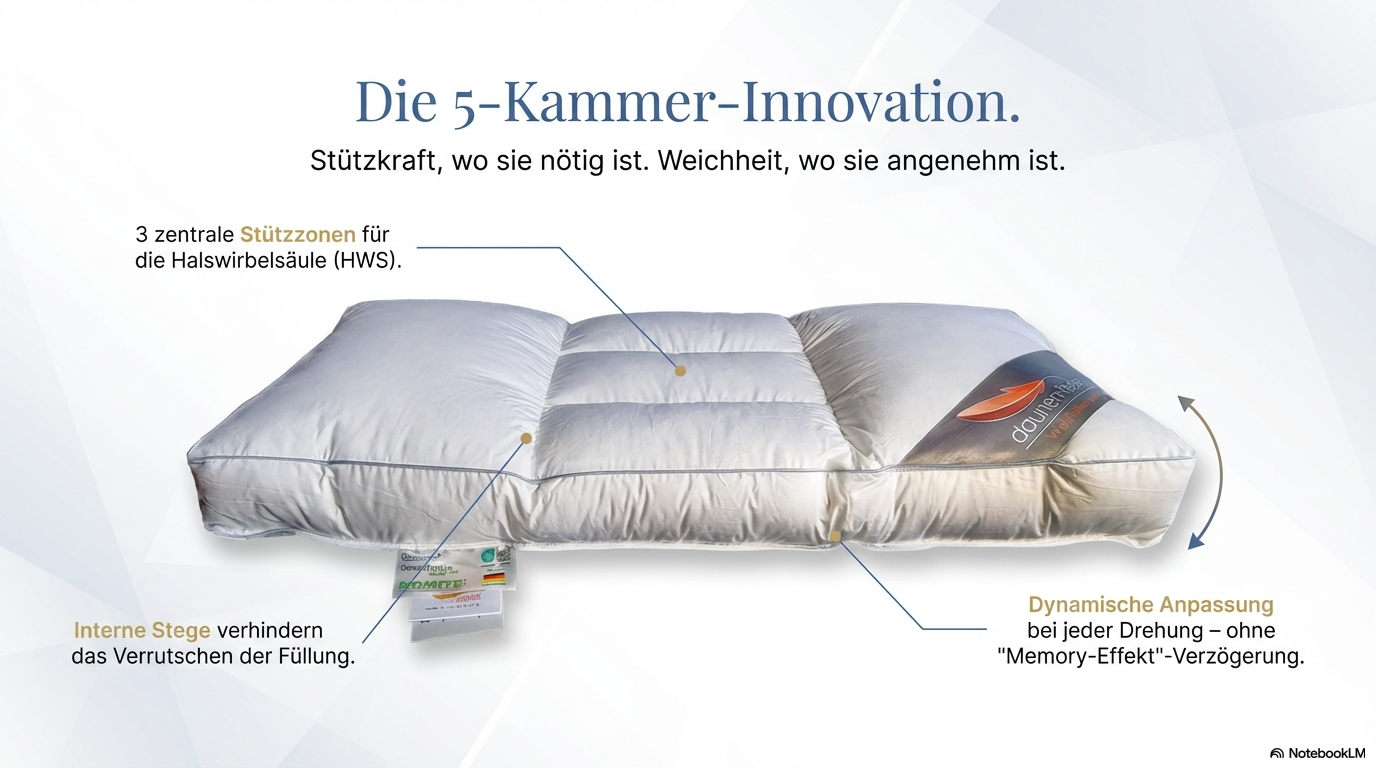 Nackenstützkissen 40x80 cm mit innovativer 5-Kammern-Struktur zur Unterstützung einer ergonomischen HWS-Entlastung – Entspannung bei Nackenschmerzen möglich.